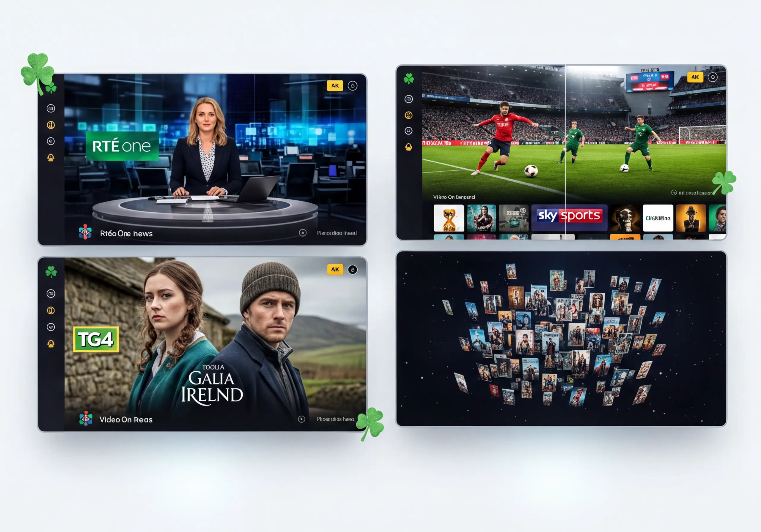 IPTV Ireland live channel lineup covering RTÉ, TG4, Virgin Media and sports channels in 4K